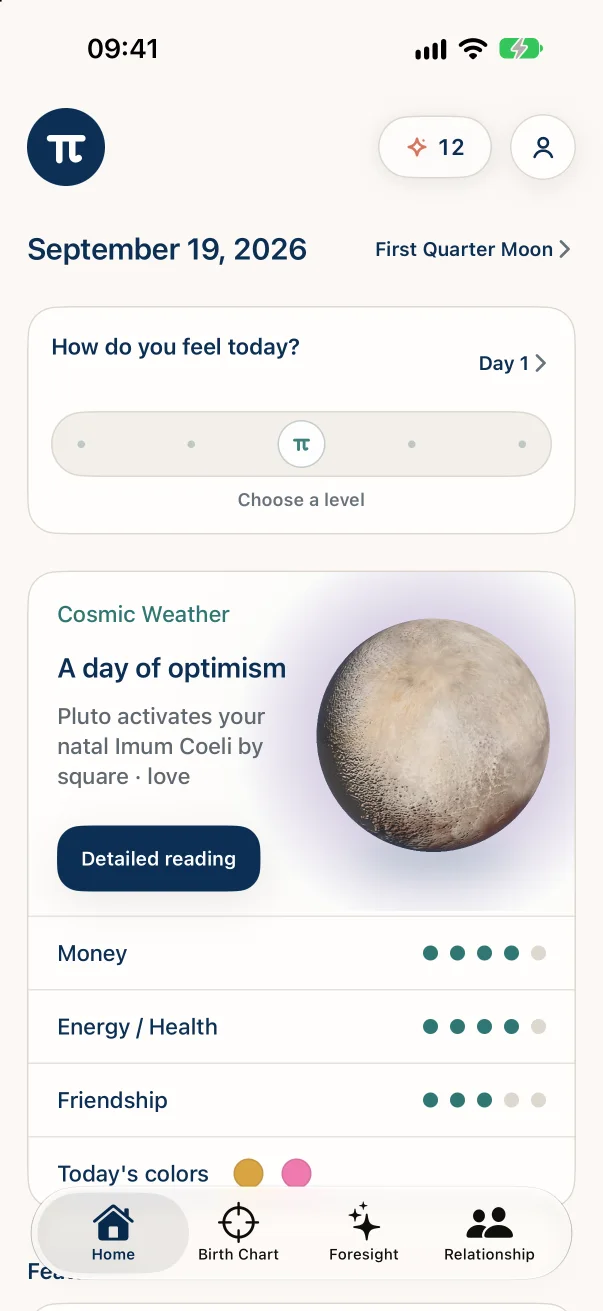 AstroPi home screen: a daily mood check-in, the cosmic weather card, ratings for the day's areas of life, and today's colors